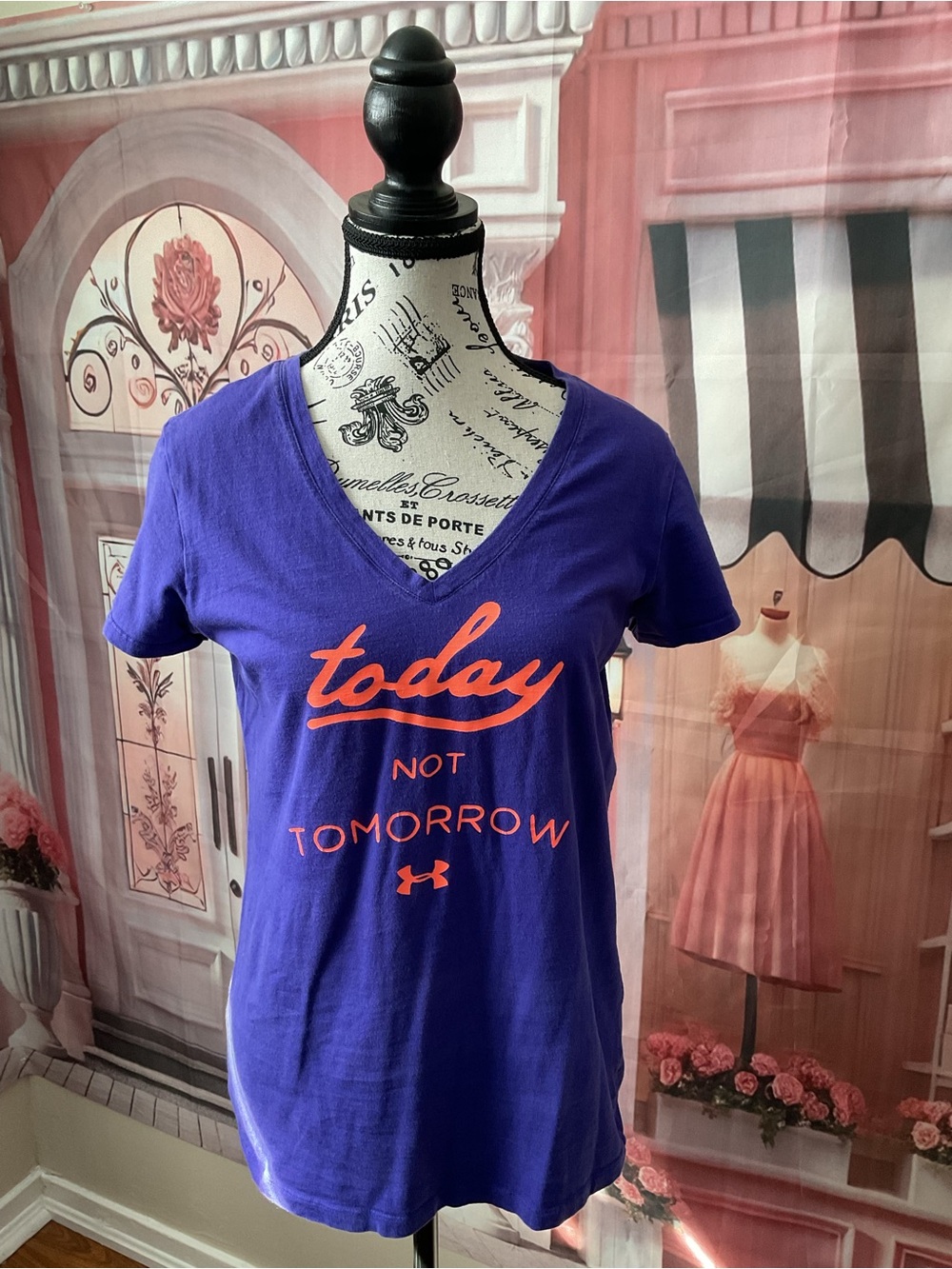 Under Armour Purple V-Neck Tee with Orange 'Today Not Tomorrow' Script